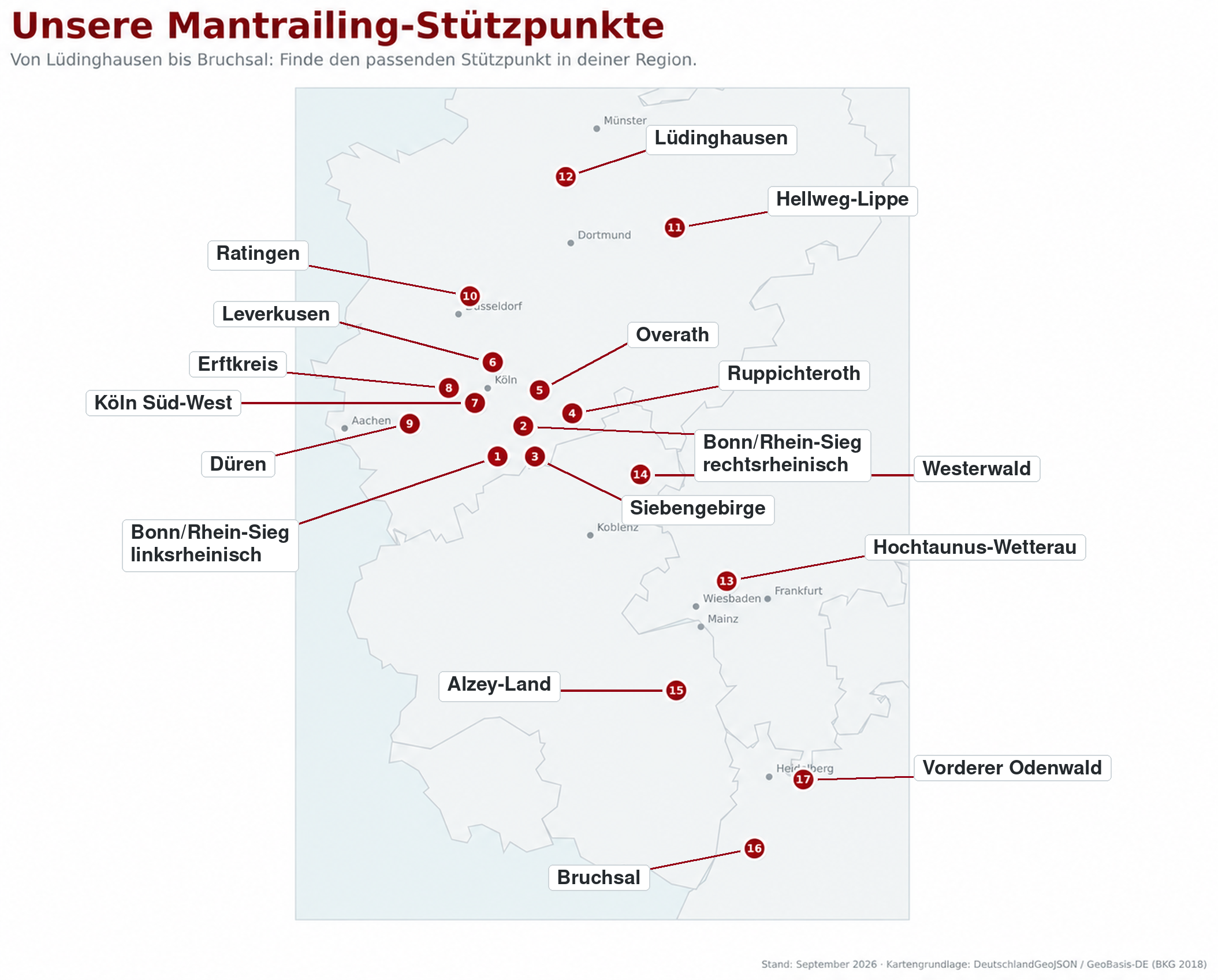 Karte der 17 Mantrailing-Company Stützpunkte in Nordrhein-Westfalen, Rheinland-Pfalz, Hessen und Baden-Württemberg